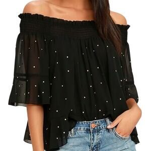 Chic Lulus Black Off-Shoulder Top with Dazzling Gold Studs Size S